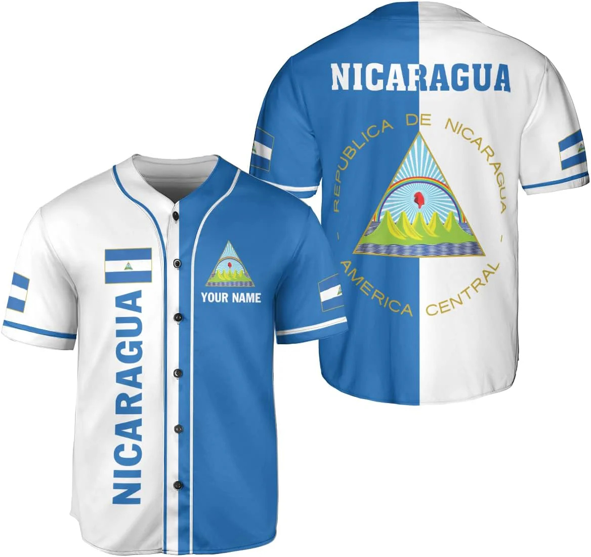 Street Fashion Name - Personalisiertes Namens-Baseball-Shirt mit Nicaragua-Designmuster, 3D-Druck, modisches