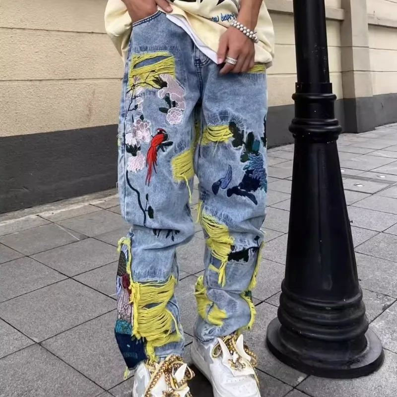 Street Fashion In Japanese - Amerikanische Vintage Hip-hop Stickerei Dilapidated Jeans