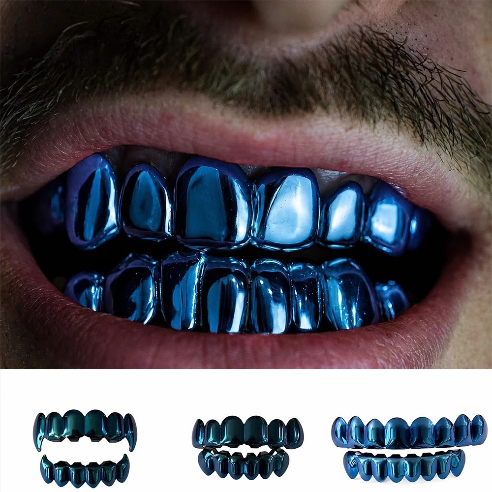 Street Fashion Jewelry - Dunkelblaues Hip-Hop-Grillz-Set für 6-8 Zähne, glatte